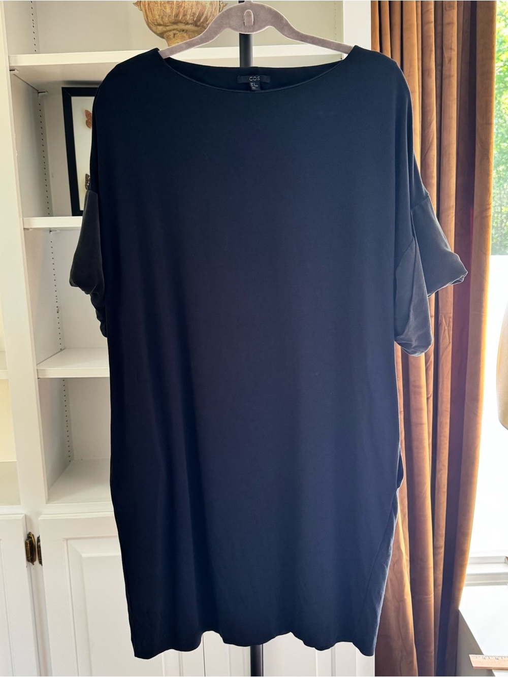 COS Navy Mixed Media Silk Sleeve Tunic Dress Minimalist Lagenlook Size M